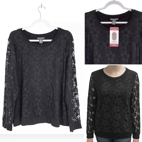 Adrianna Papell Floral Lace Overlay Front Sweatshirt Long Sleeves Round Neck - Picture 7 of 10
